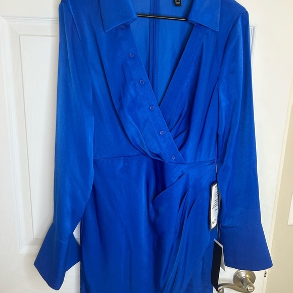ADRIANNA PAPELL faux SATIN WRAP DRESS WITH LONG SLEEVES dark blue size 8 NWT - Picture 9 of 16